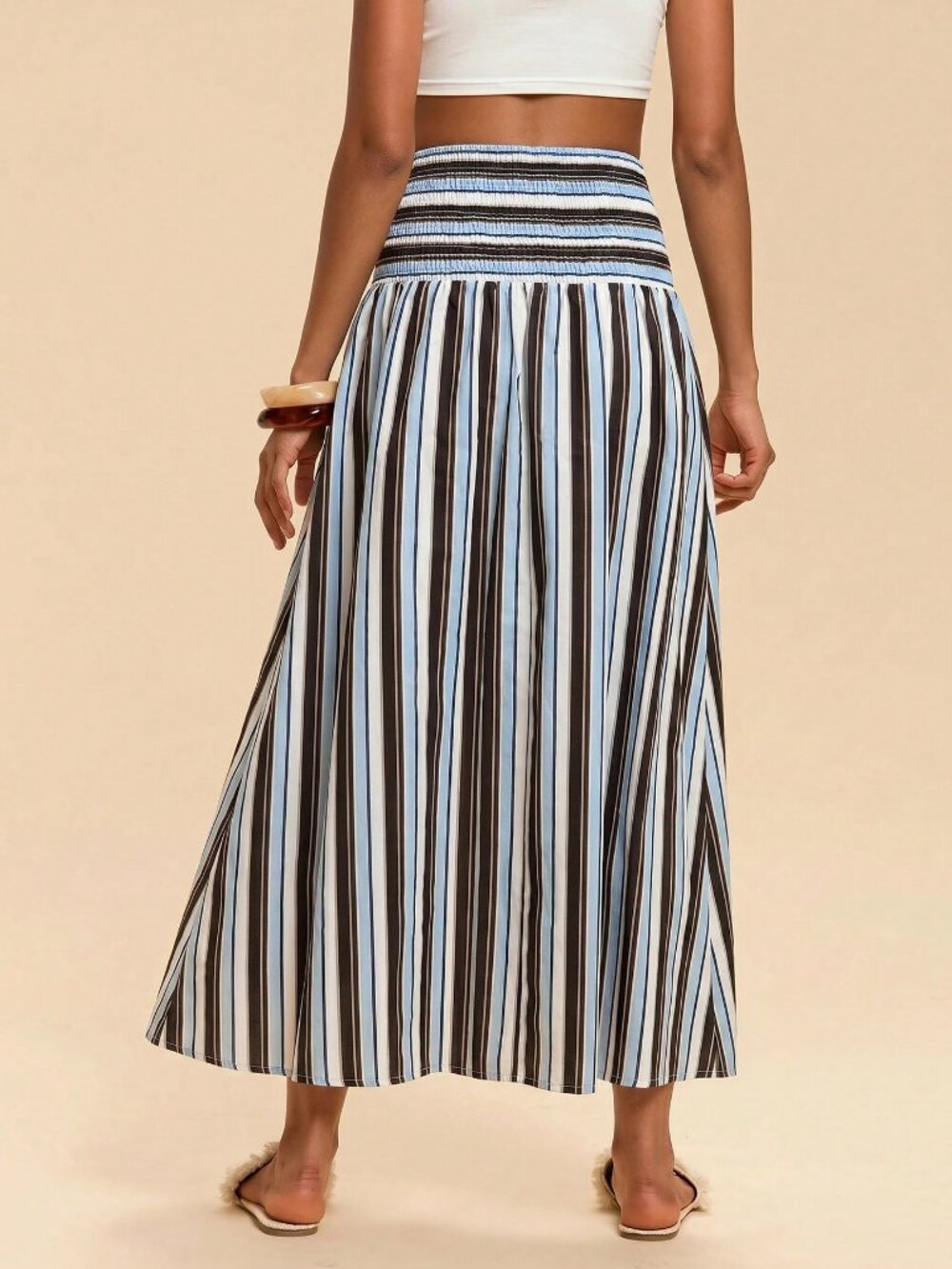 Multicolor Casual Women's Ruched Striped High Waist Midi Skirt - Picture 2 of 6